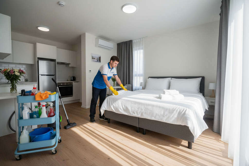 Cleaner cleaning an Airbnb