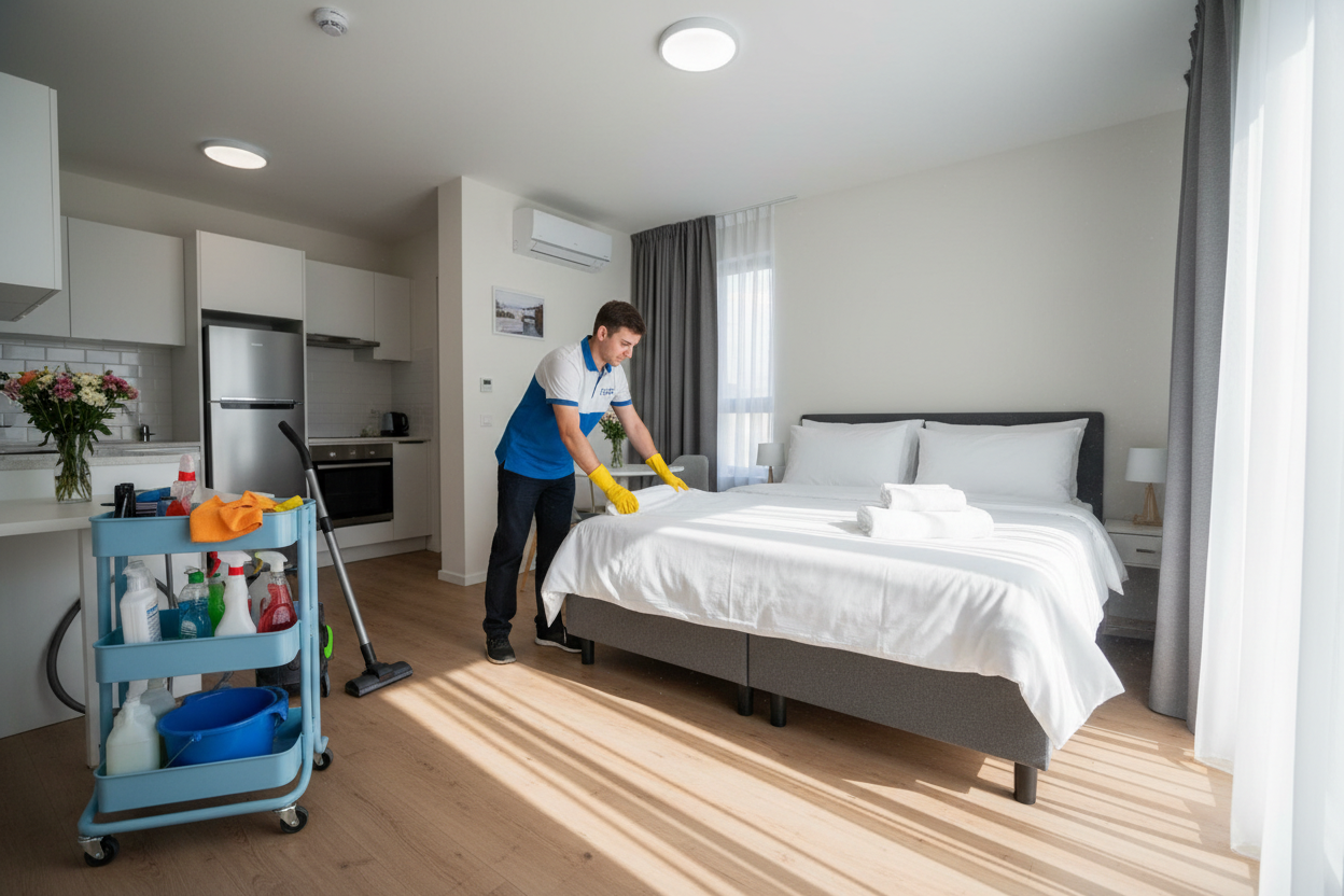 Cleaner cleaning an Airbnb