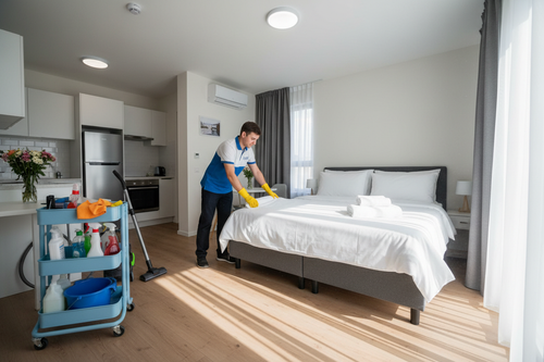 Cleaner cleaning an Airbnb