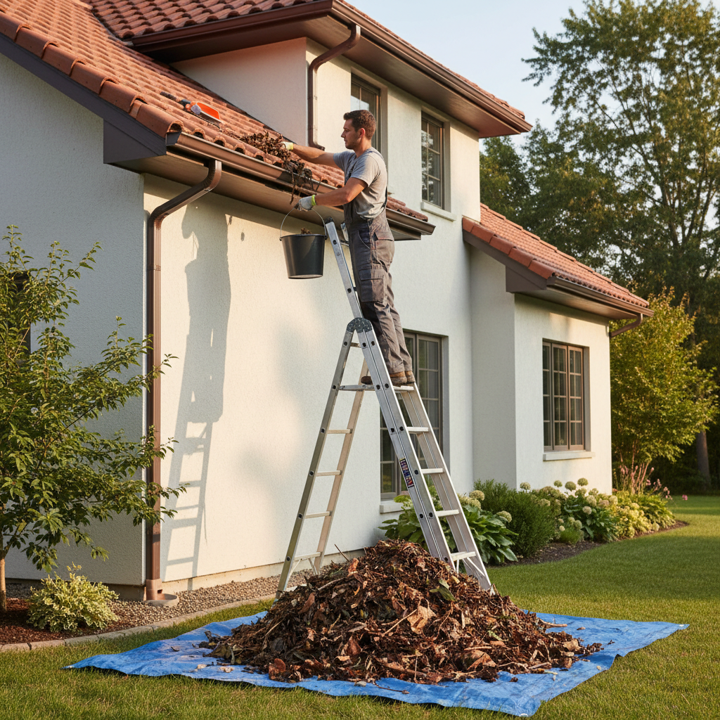 Gardener cleaning gutter