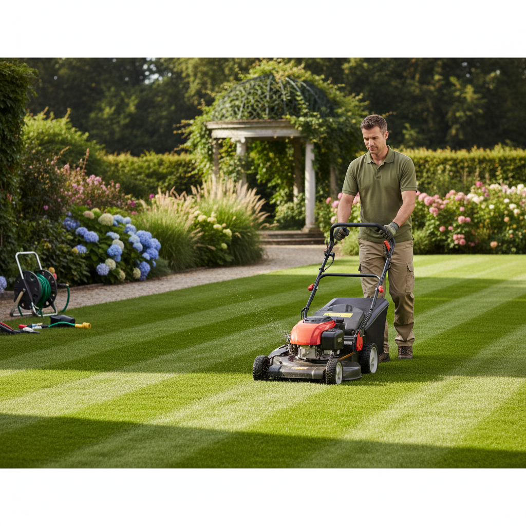 Gardener mowing lawn