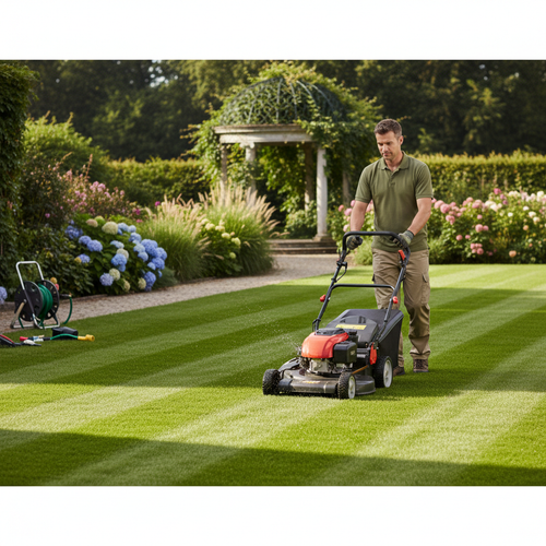 Gardener mowing lawn