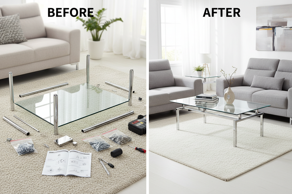 Glass Table Assembly Before and After