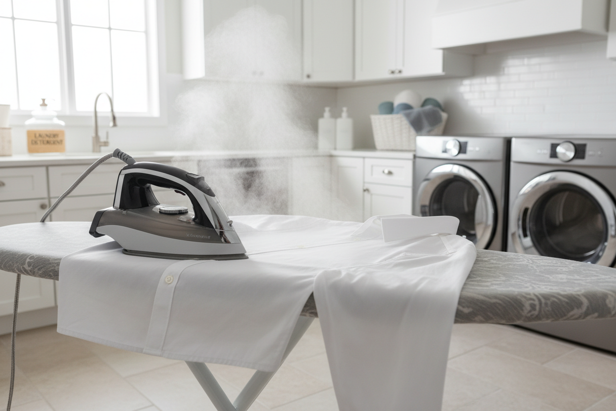 Ironing a crisp white shirt